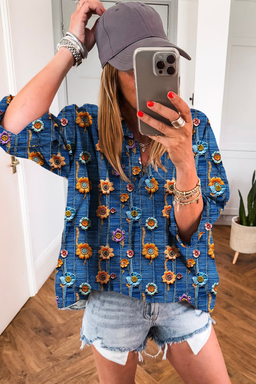 Boho Print  Bloom Collared Roll up Sleeve Blouse | S-XL