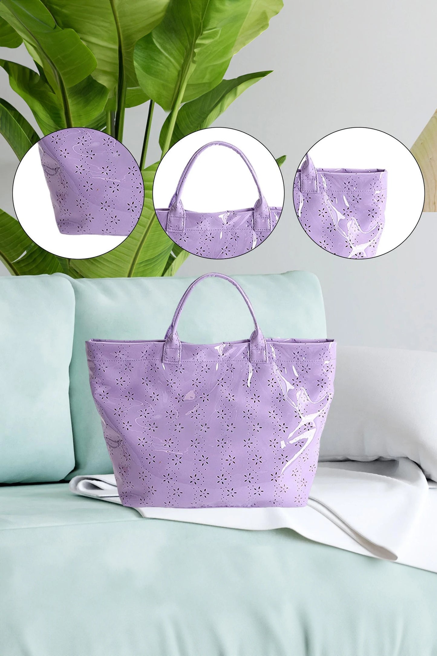 Glossy Floral Eyelet Waterproof Tote Bag