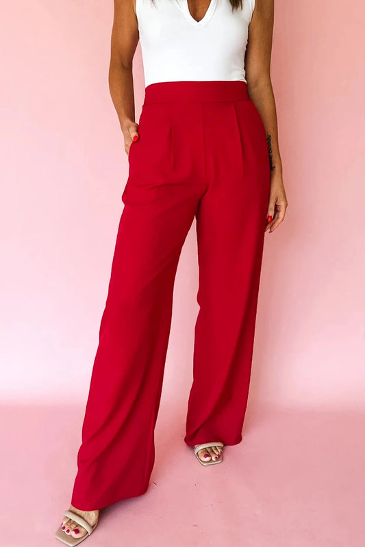 Pull On Pleated Detail High Elastic Waist Loose Straight Pants with Pockets | S- XL