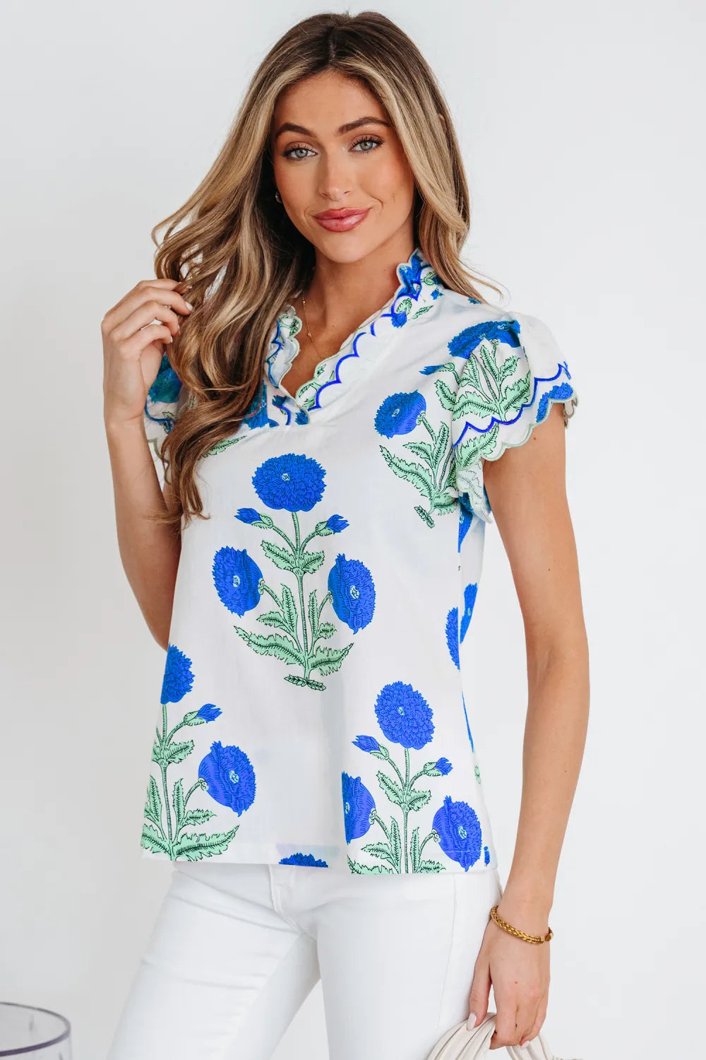Floral  Print Scallop Trim Blouse | S-XL