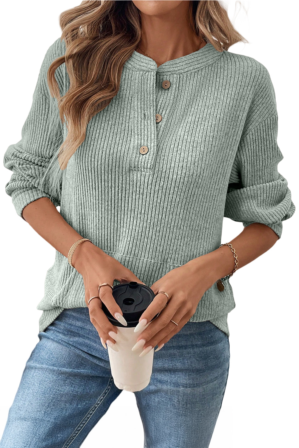 Ribbed  Henley Knit Front Pouch Pocket Top | S-XL