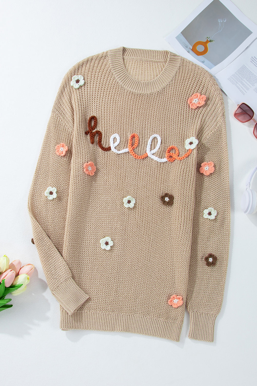 Hello Floral Embroidered Knit Loose Sweater