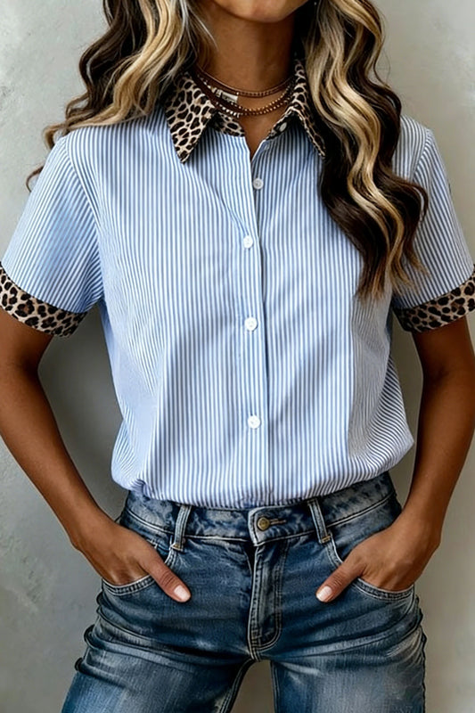 Stripe Contrast Leopard Collared Shirt | S-XL