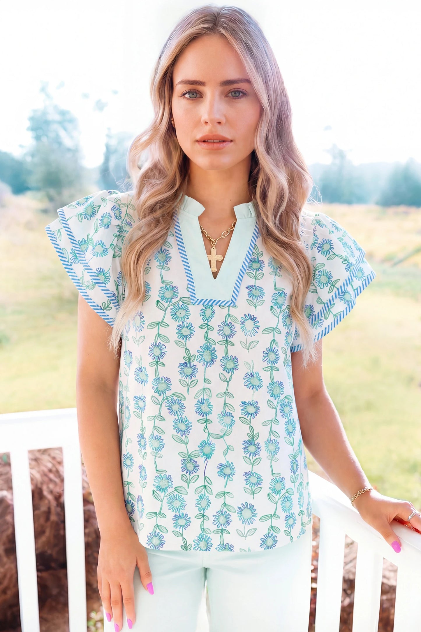 Floral Print Patchwork Flutter Sleeve Blouse | S-XL