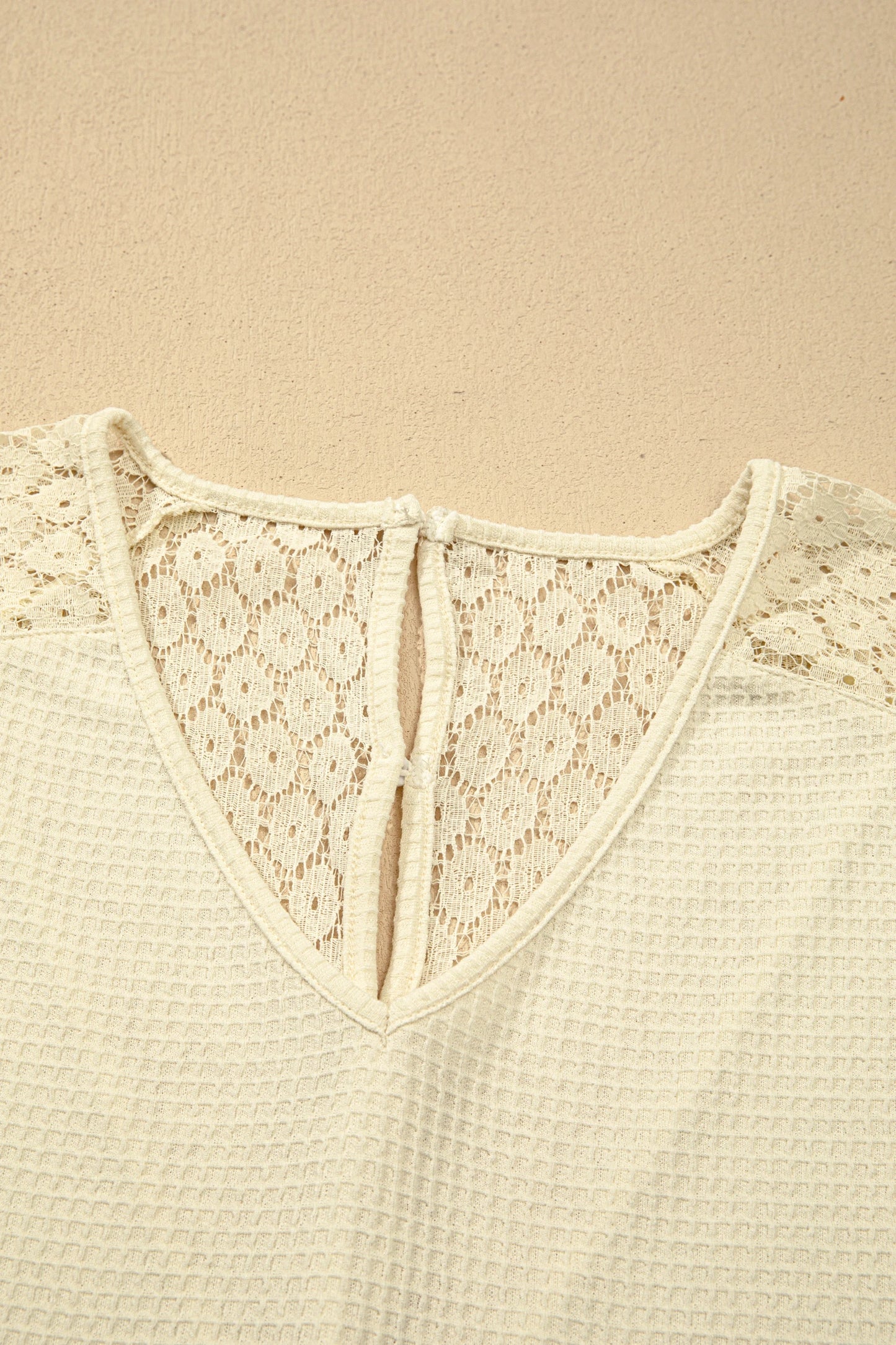Lace Trim Cutout V-Neck Waffle Knit Button Blouse | S-XL