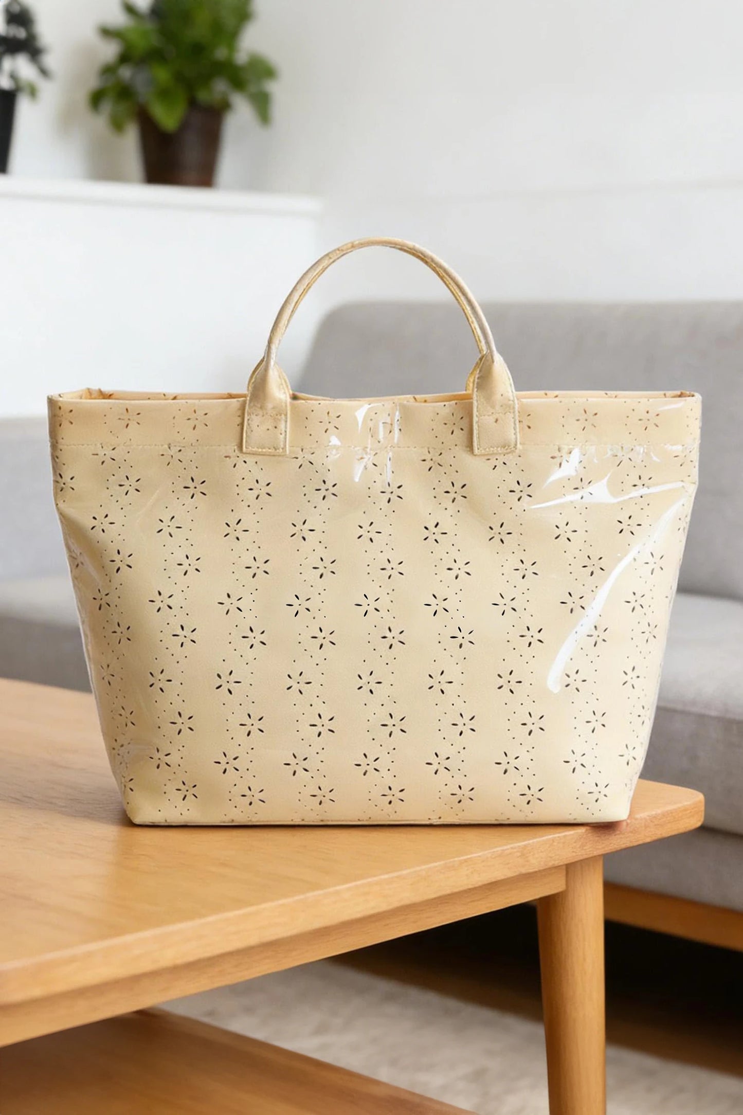 Glossy Floral Eyelet Waterproof Tote Bag