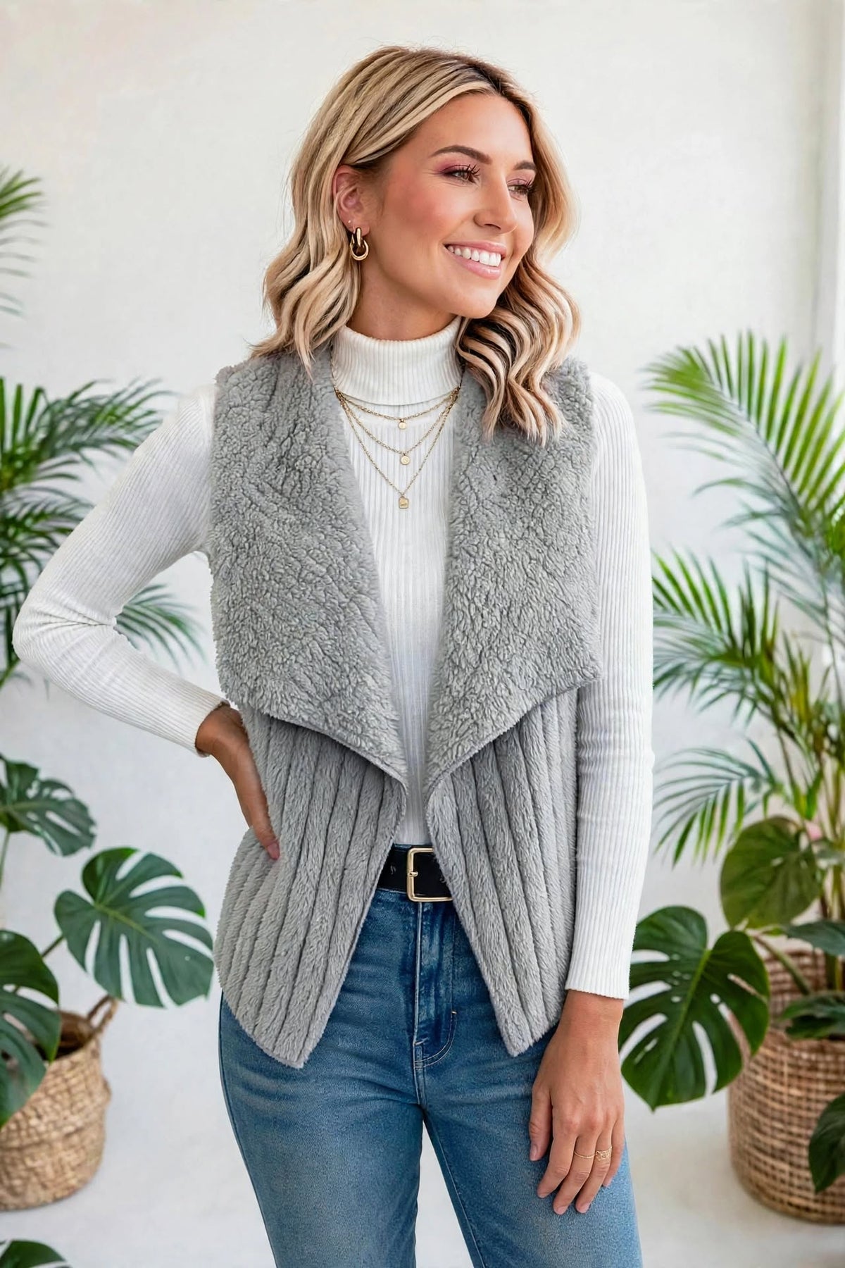 Collared Open-Front Teddy Vest | S-XL