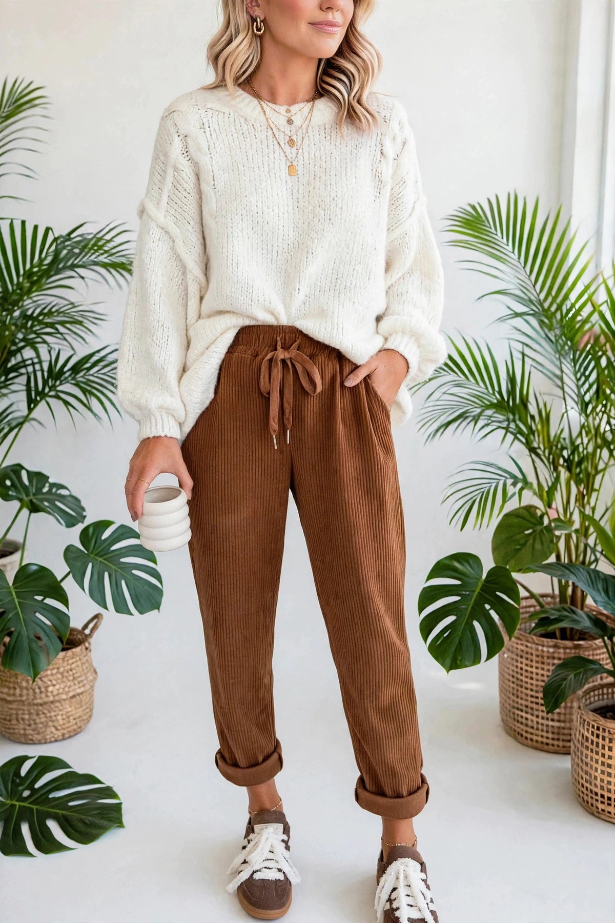 Cozy Season Babe Elastic Waist Corduroy Pants with Pockets | S-XL