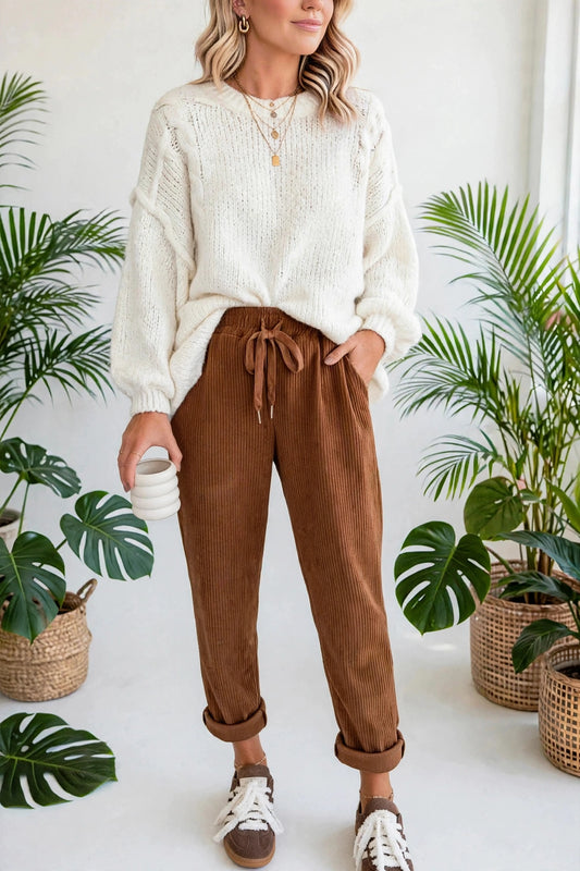 Cozy Season Babe Elastic Waist Corduroy Pants with Pockets | S-XL