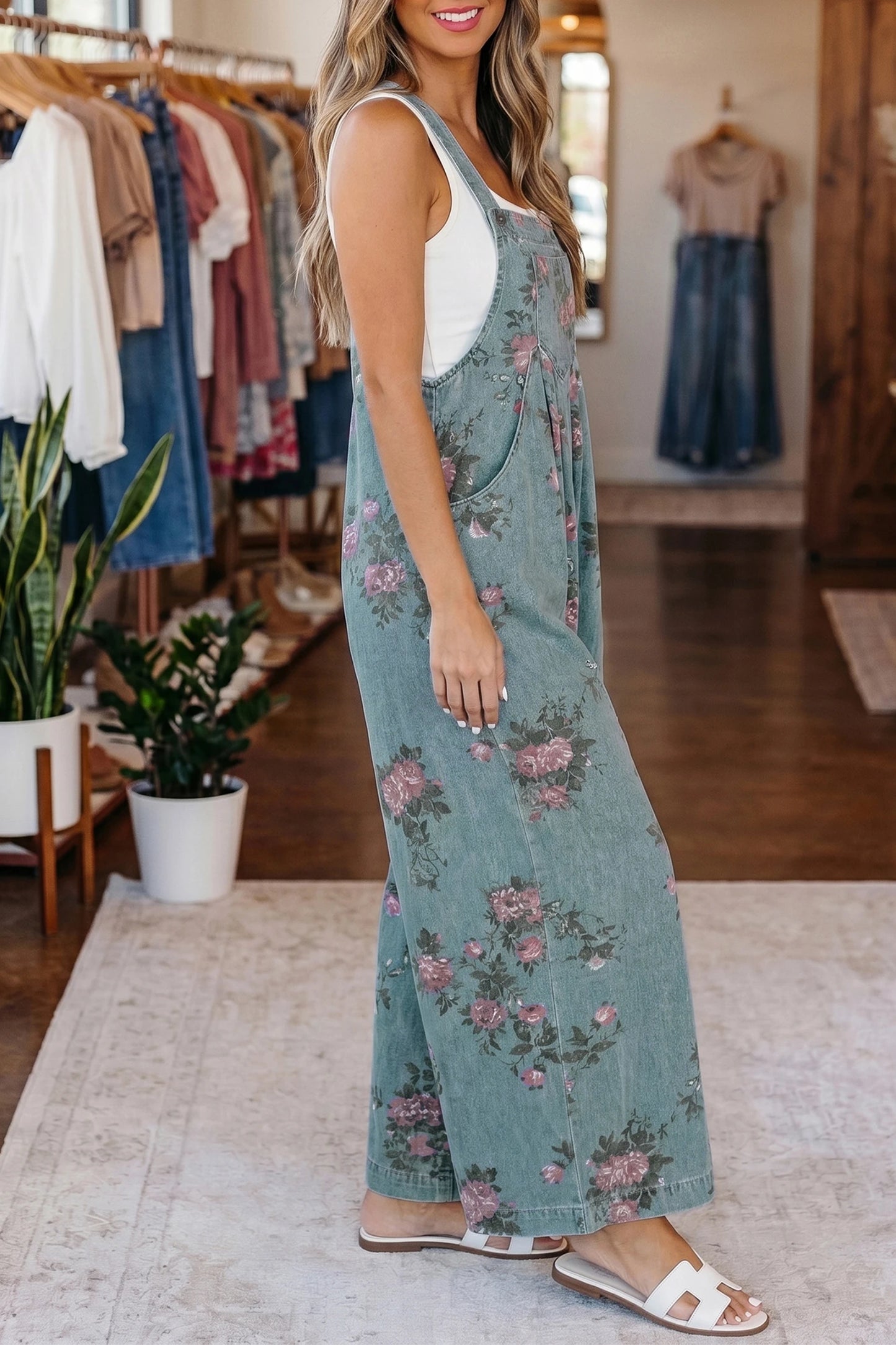 Pleated Floral High-Waist Wide-Leg Denim Jumpsuit | S-XL