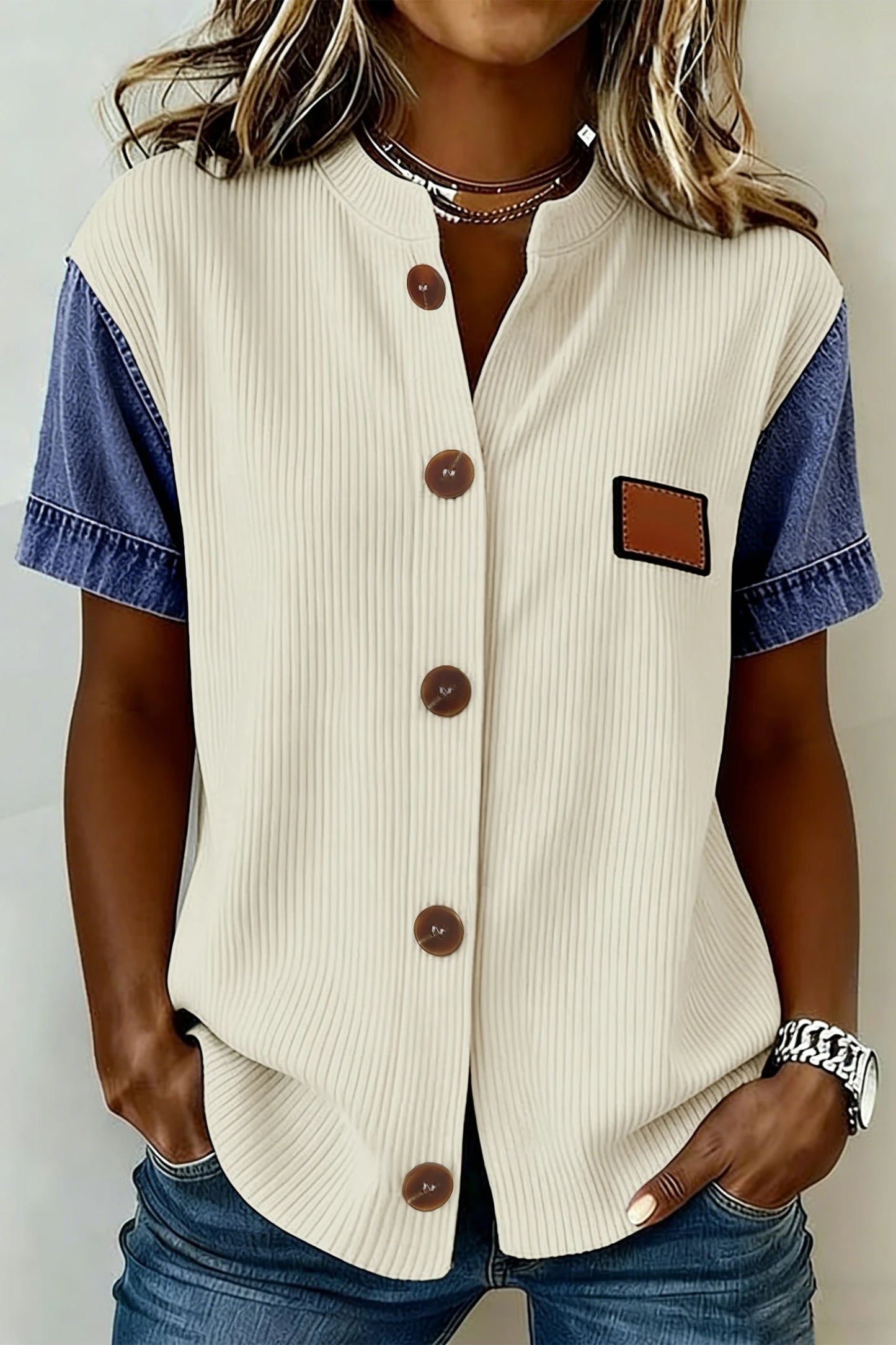 Ribbed Denim Patch Shirt | S-XL