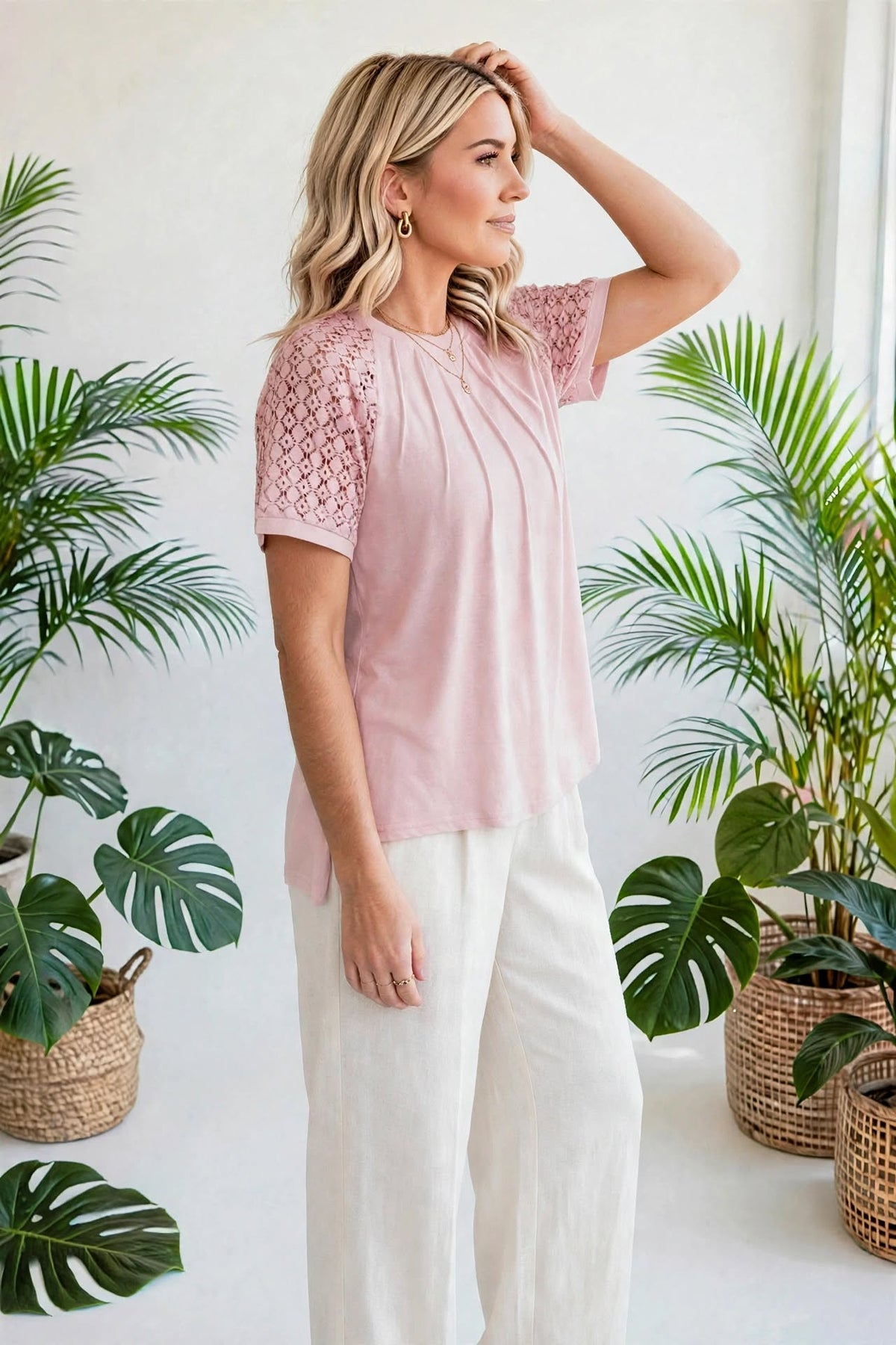 Seamed Detail Contrast Lace Raglan Sleeve Top | S-XL