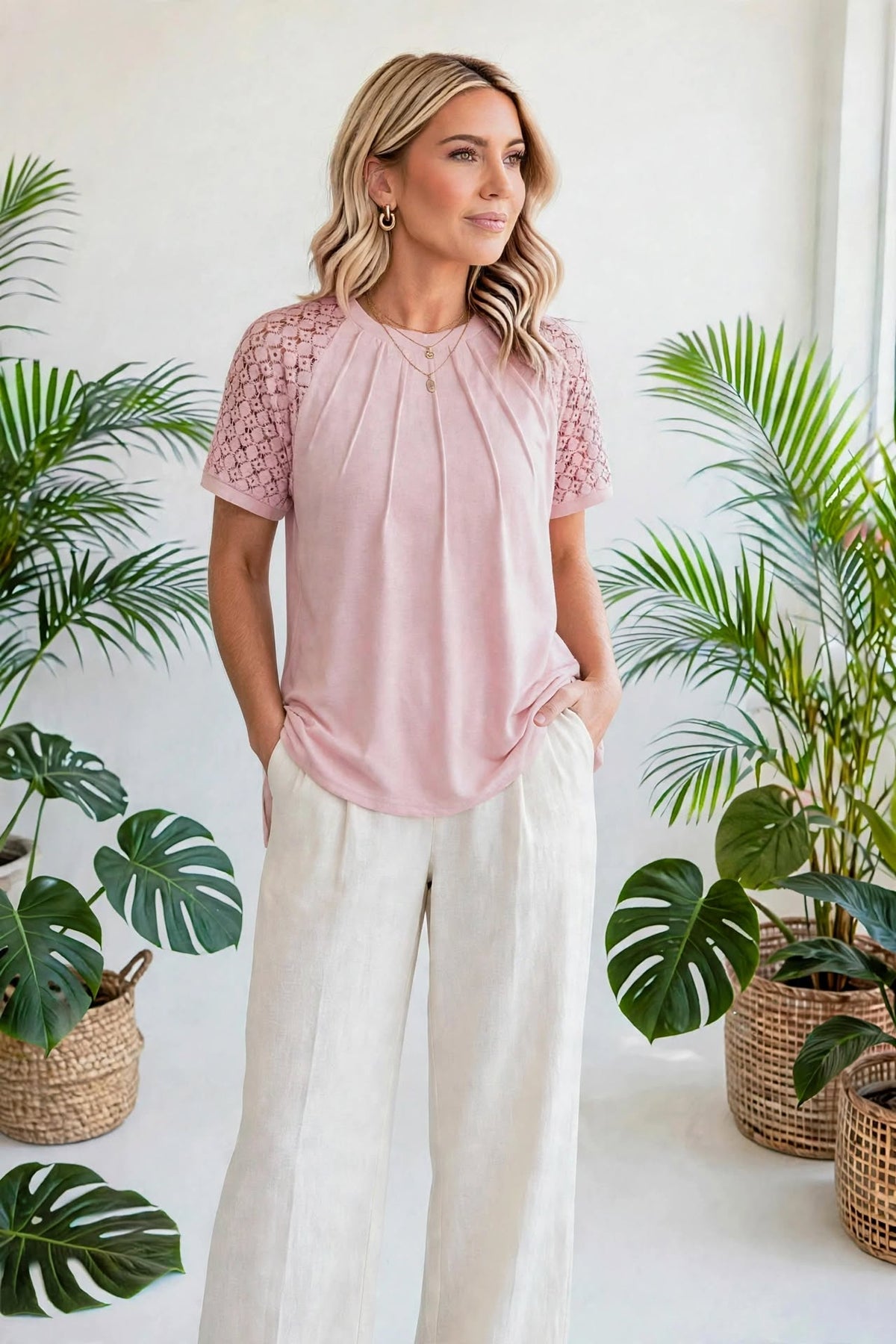 Seamed Detail Contrast Lace Raglan Sleeve Top | S-XL