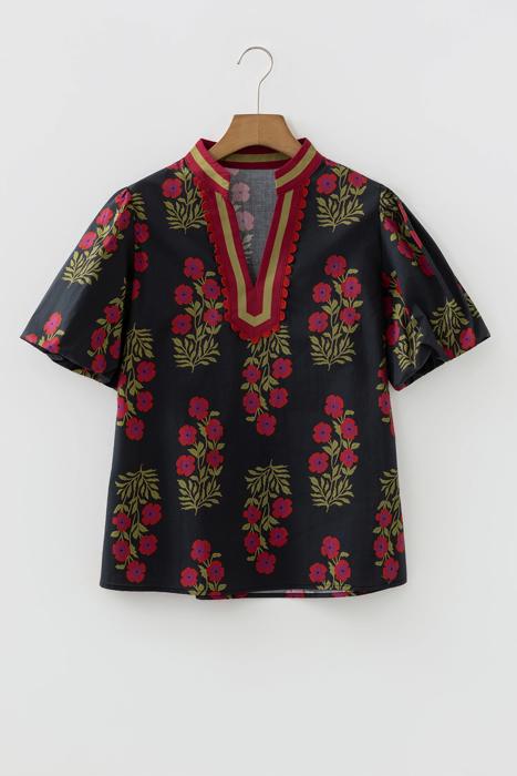 Sweet Bloom Contrast Bubble Sleeve Top  | S-XL