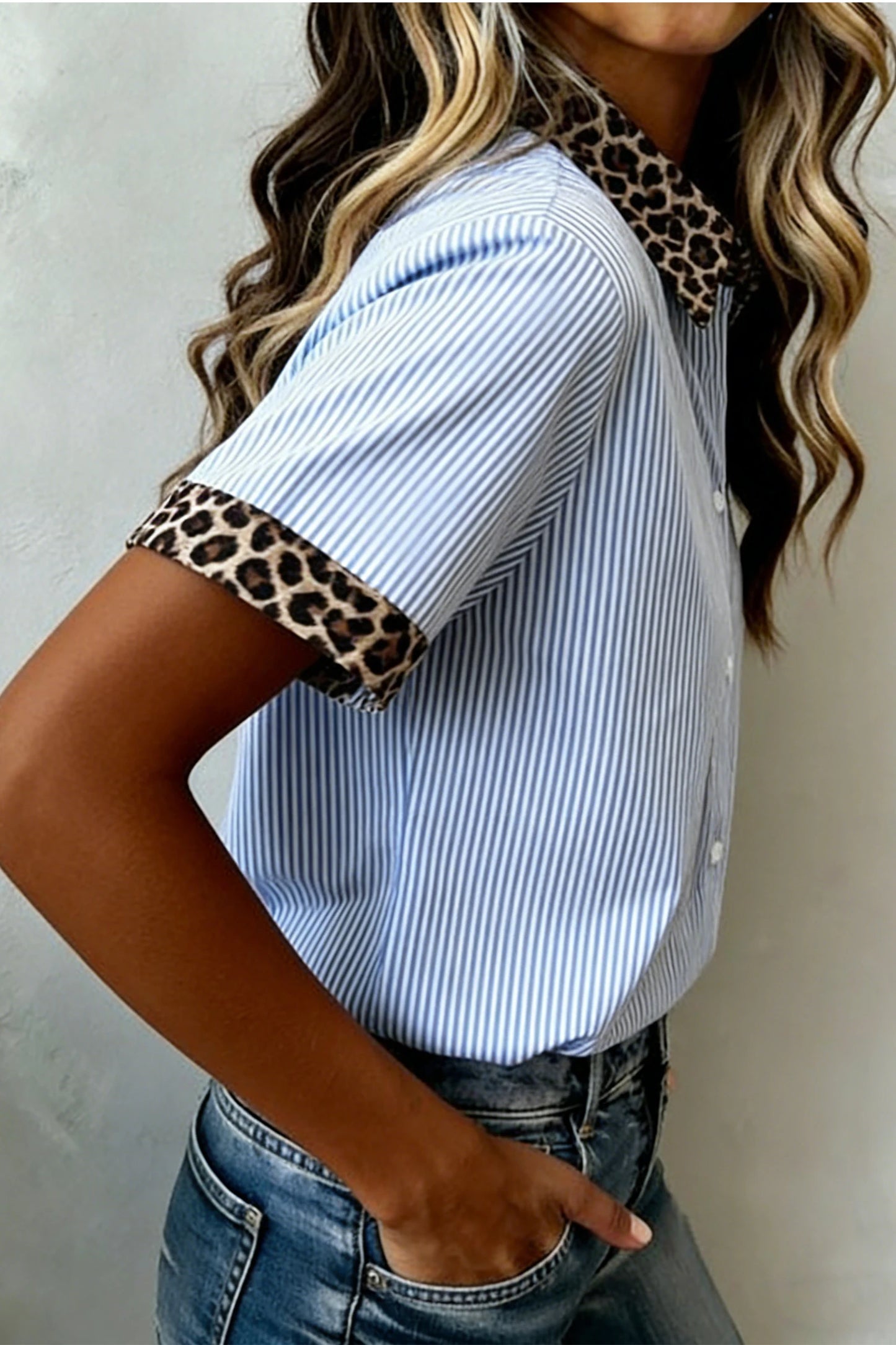 Stripe Contrast Leopard Collared Shirt | S-XL