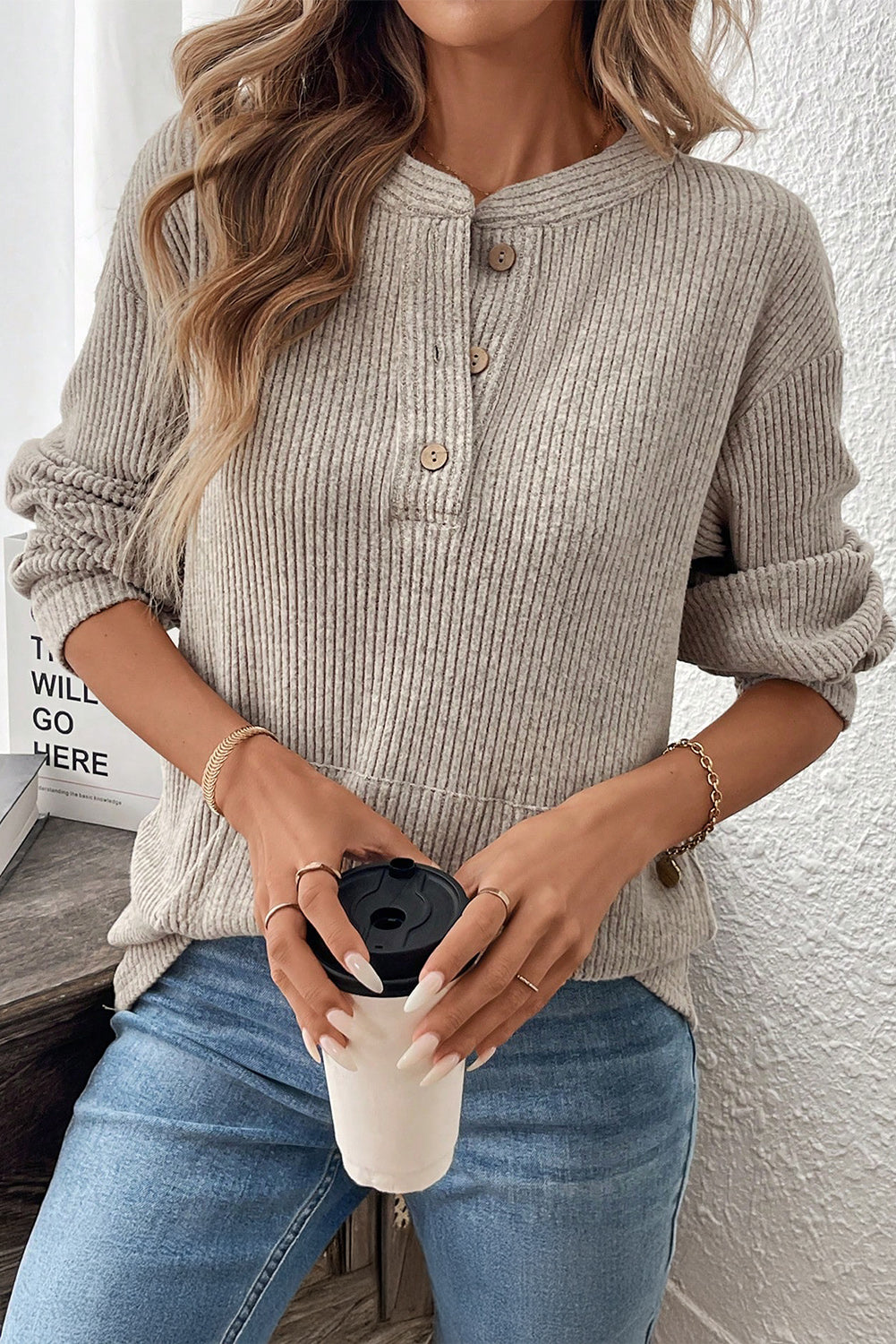 Ribbed  Henley Knit Front Pouch Pocket Top | S-XL