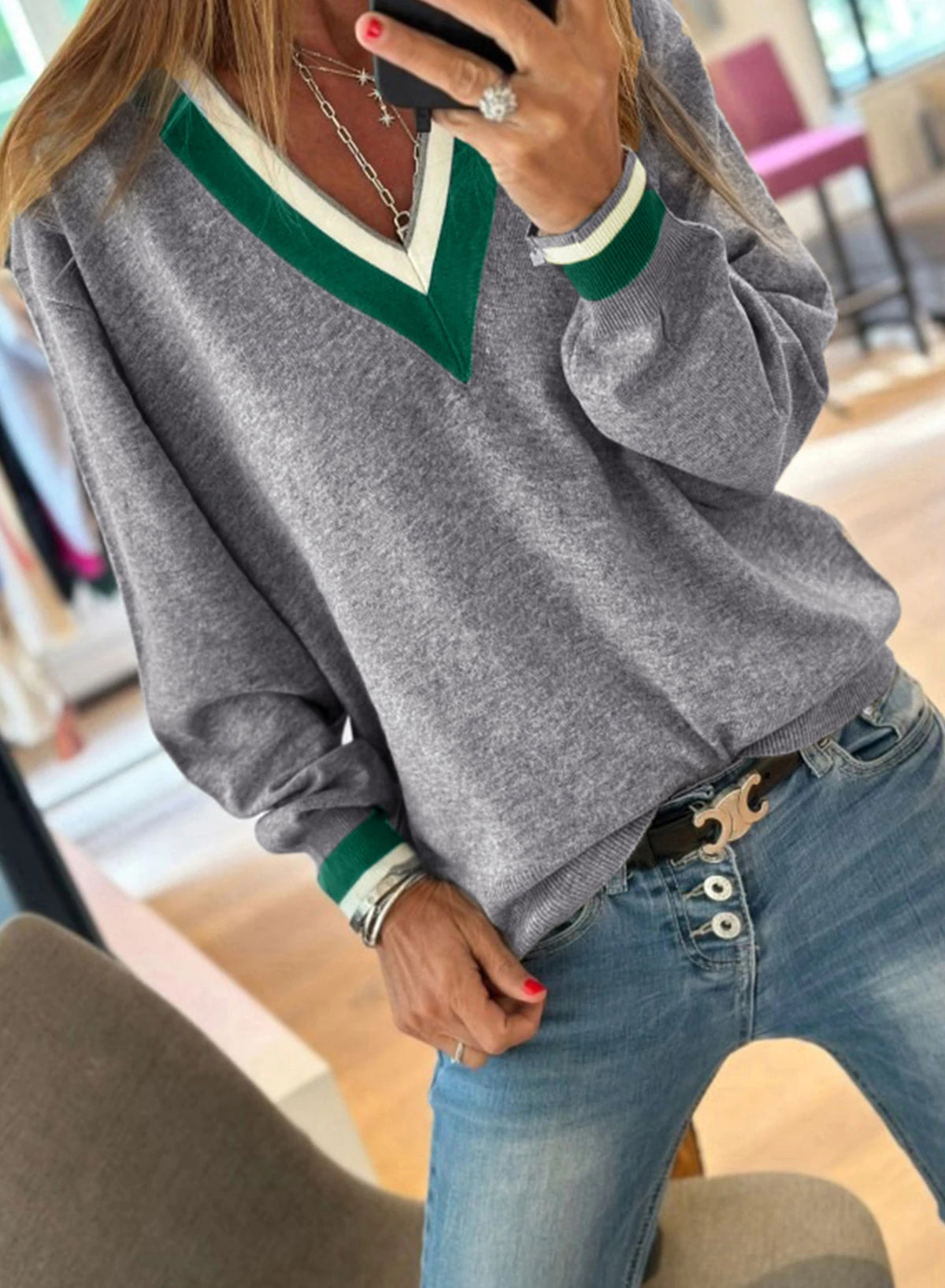 Contrast Striped Trim V Neck Varsity Light Sweater | S-XL