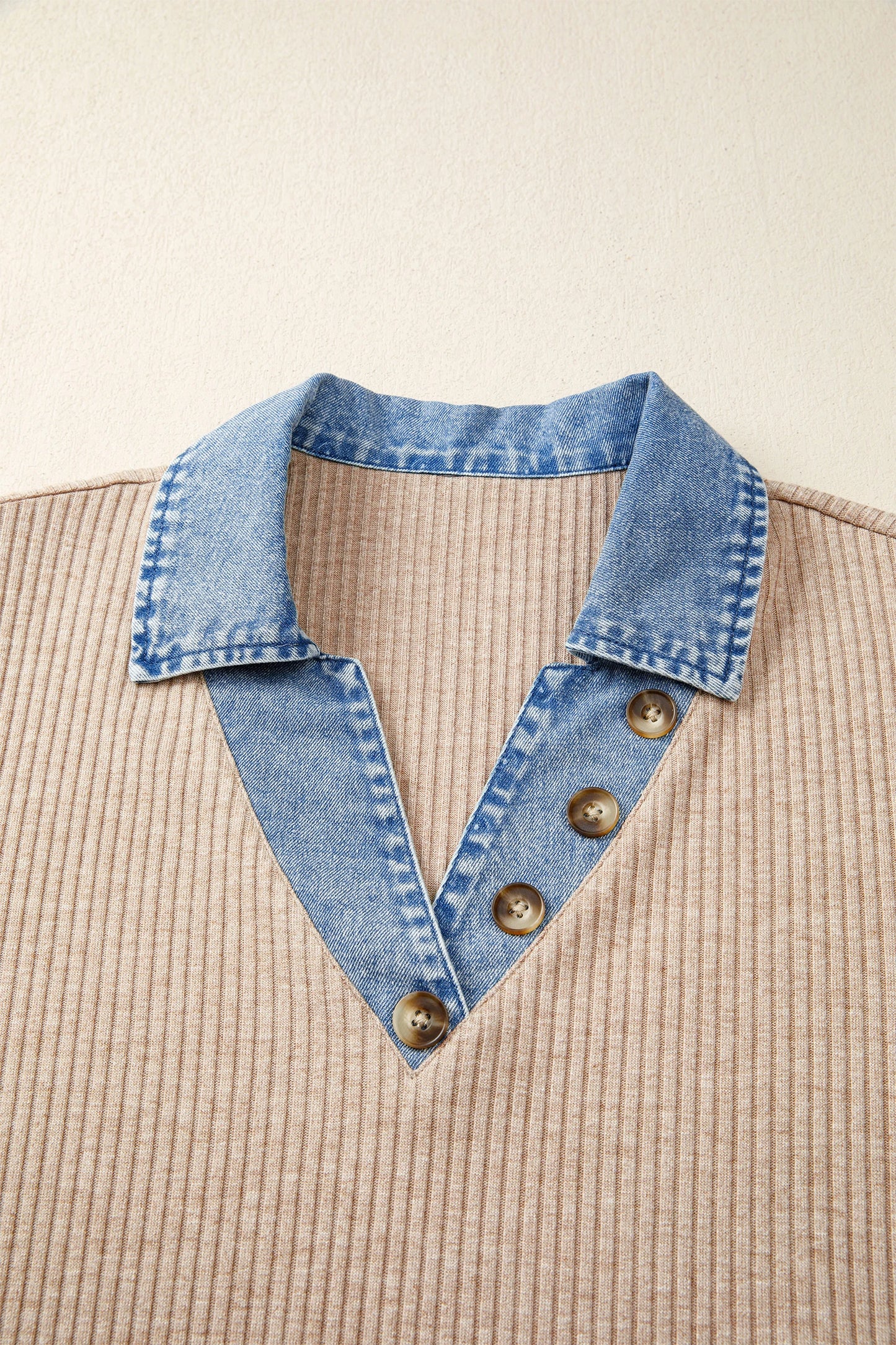 Ribbed Knit Denim Color Block Collared Blouse | S-XL
