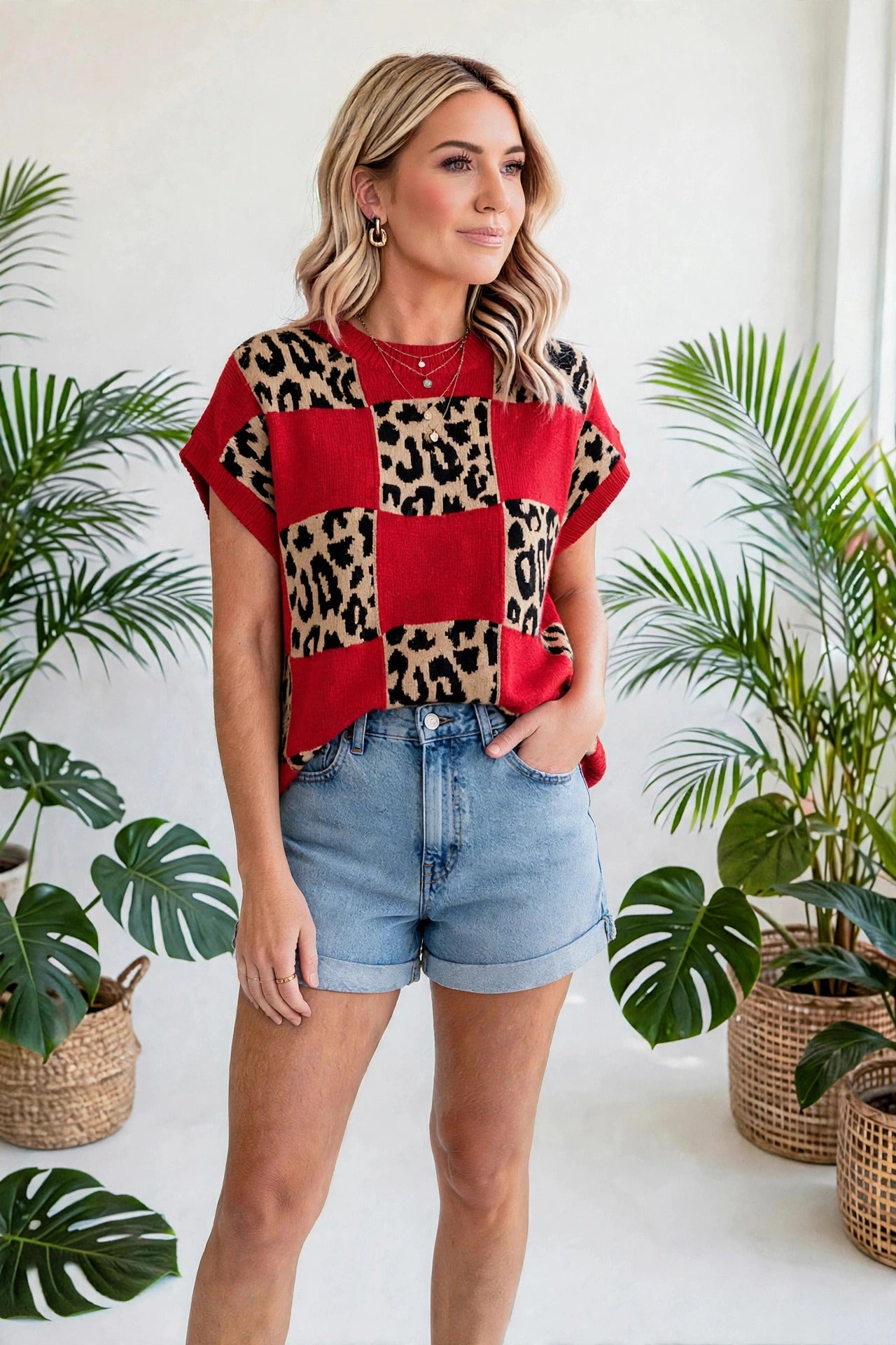 Checkerboard Short Sleeve Knit Sweater | S-XL