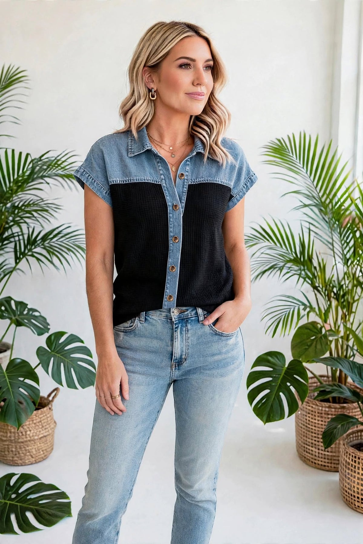 Textured Knit Colorblock Button-Down Shirt | S-XL