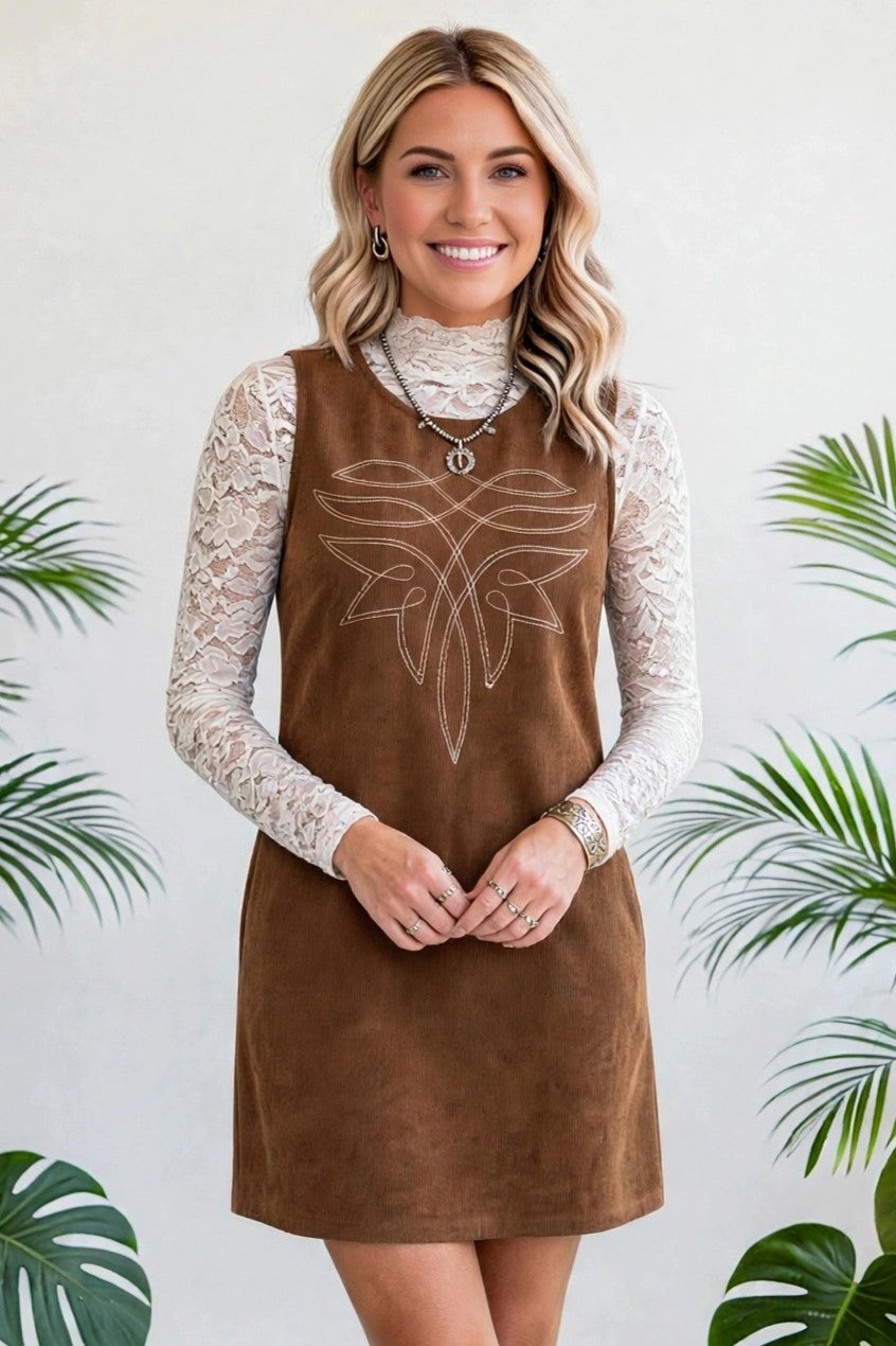 Geometric Stitch Corduroy Mini Dress | S-XL
