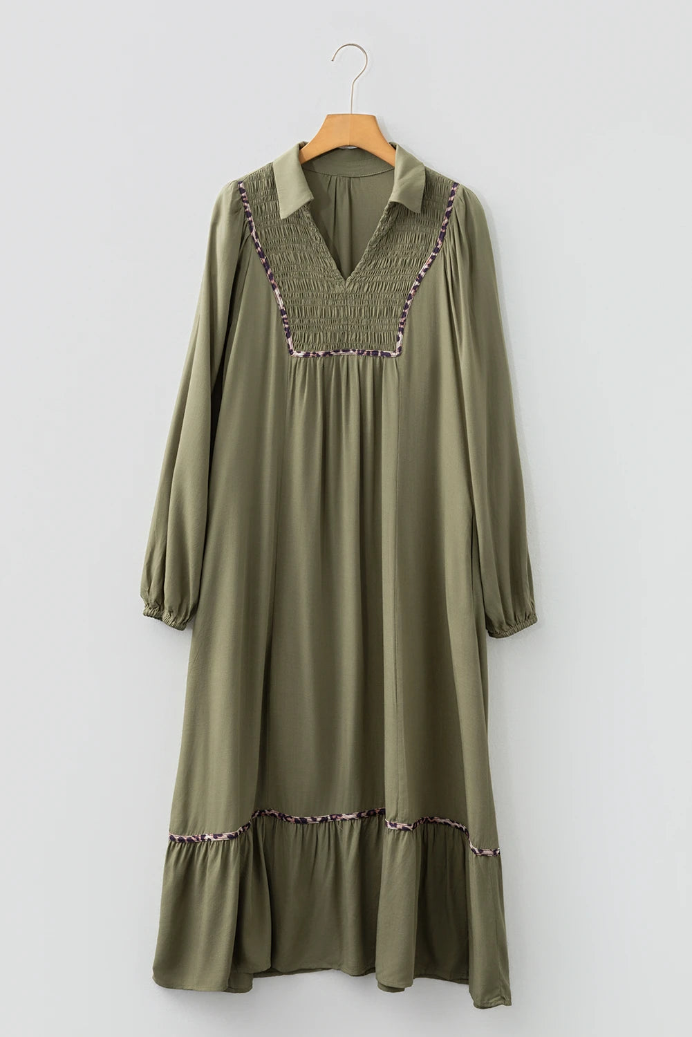 Collared V-Neck Leopard Trim Maxi Dress | S-XL