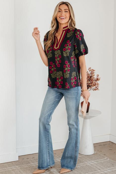 Sweet Bloom Contrast Bubble Sleeve Top  | S-XL