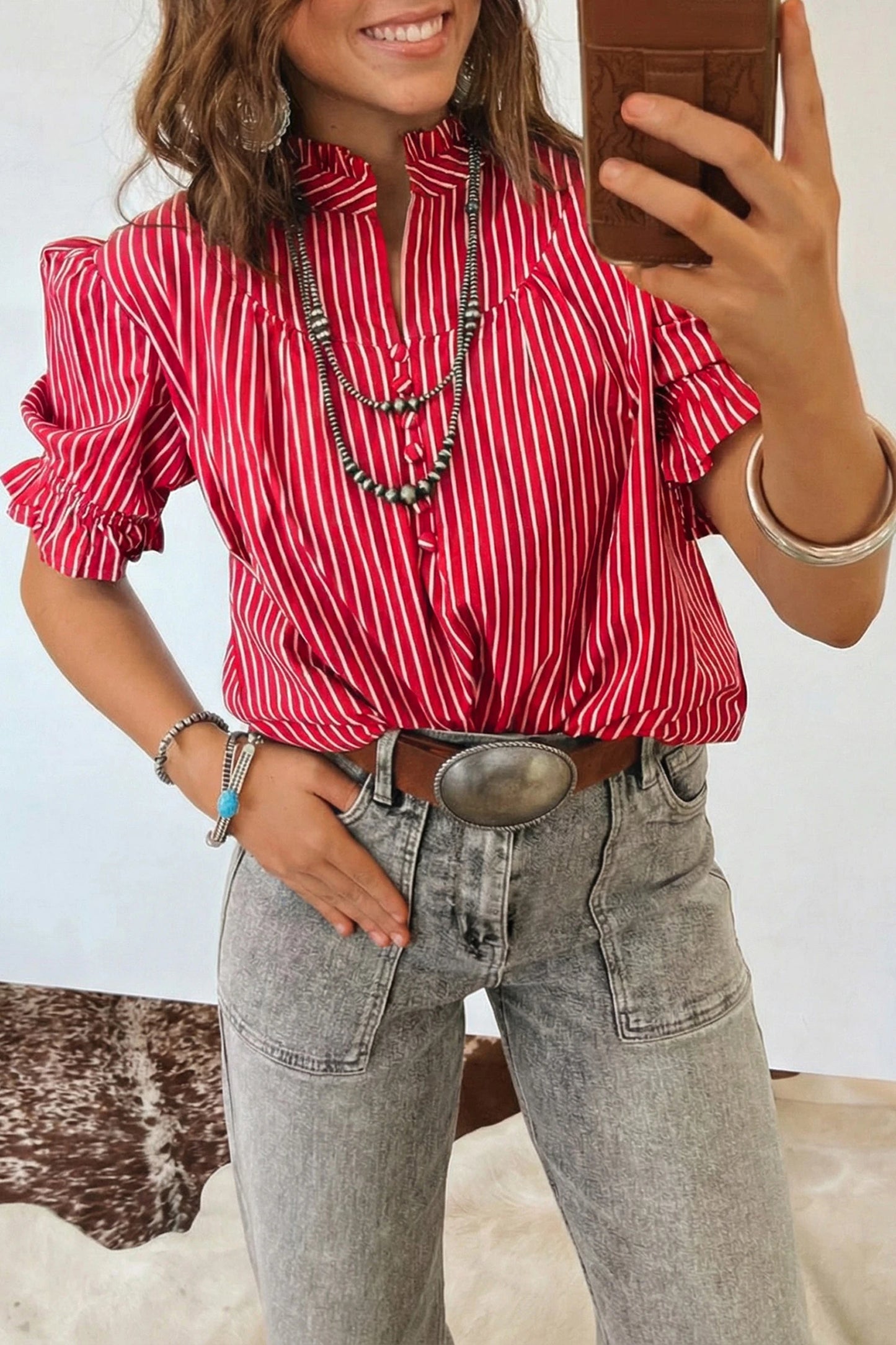 Short Puff Sleeve Stripe Ruffle Blouse | S-XL