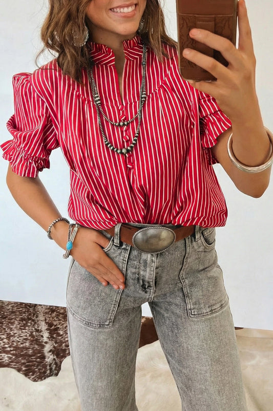 Short Puff Sleeve Stripe Ruffle Blouse | S-XL