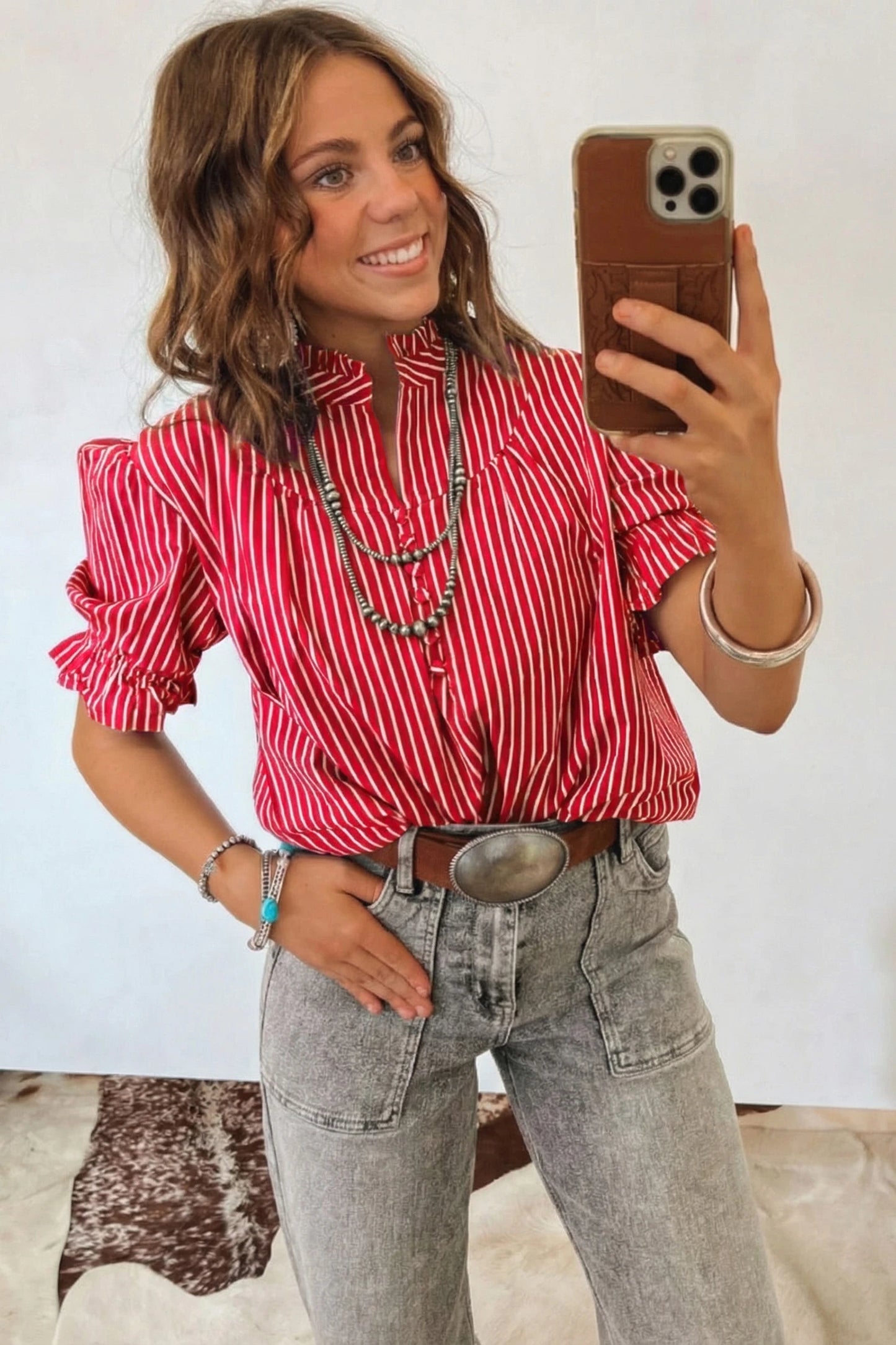 Short Puff Sleeve Stripe Ruffle Blouse | S-XL