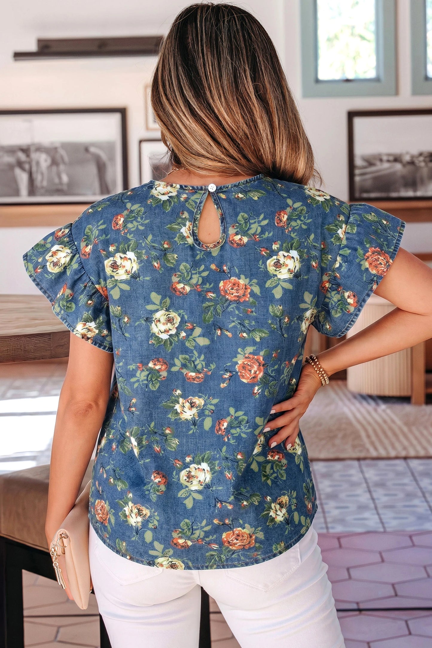 Casual Floral Denim Puff Sleeve Top | S-XL