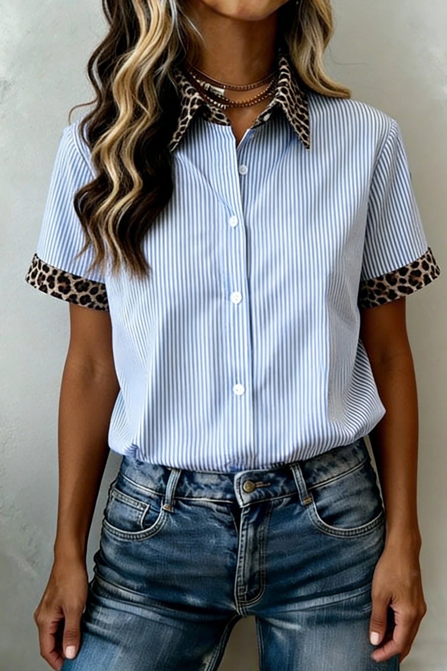 Stripe Contrast Leopard Collared Shirt | S-XL