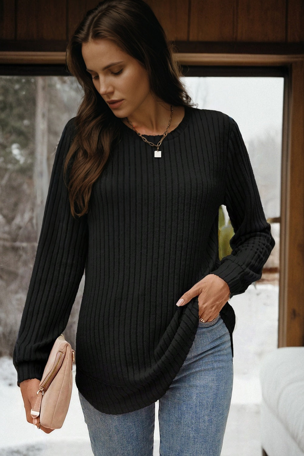 Texture Rounded Hem Ribbed Knit Pullover | S-XL