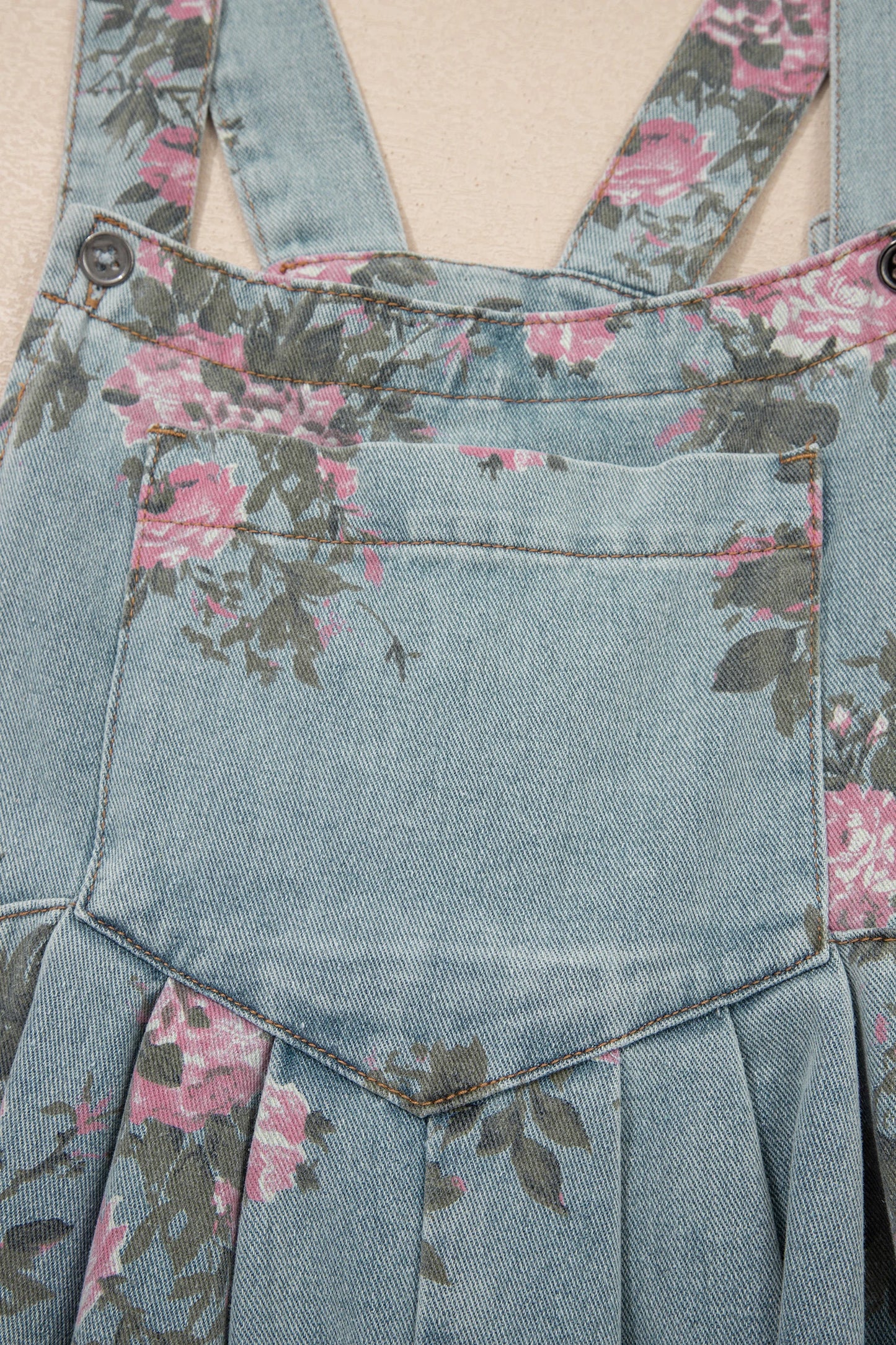 Pleated Floral High-Waist Wide-Leg Denim Jumpsuit | S-XL