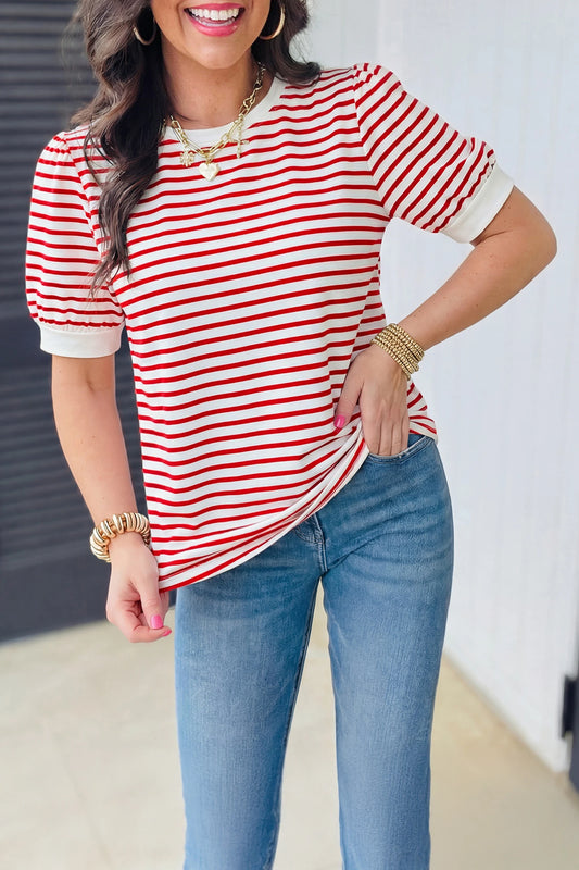 Stripe Trim Round Neck Short Puff Sleeve Top | S-XL