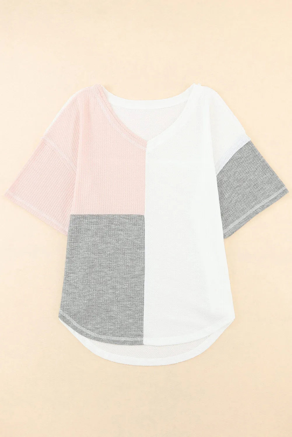 Multicolor Waffle Colorblock Short Sleeve Oversized Top