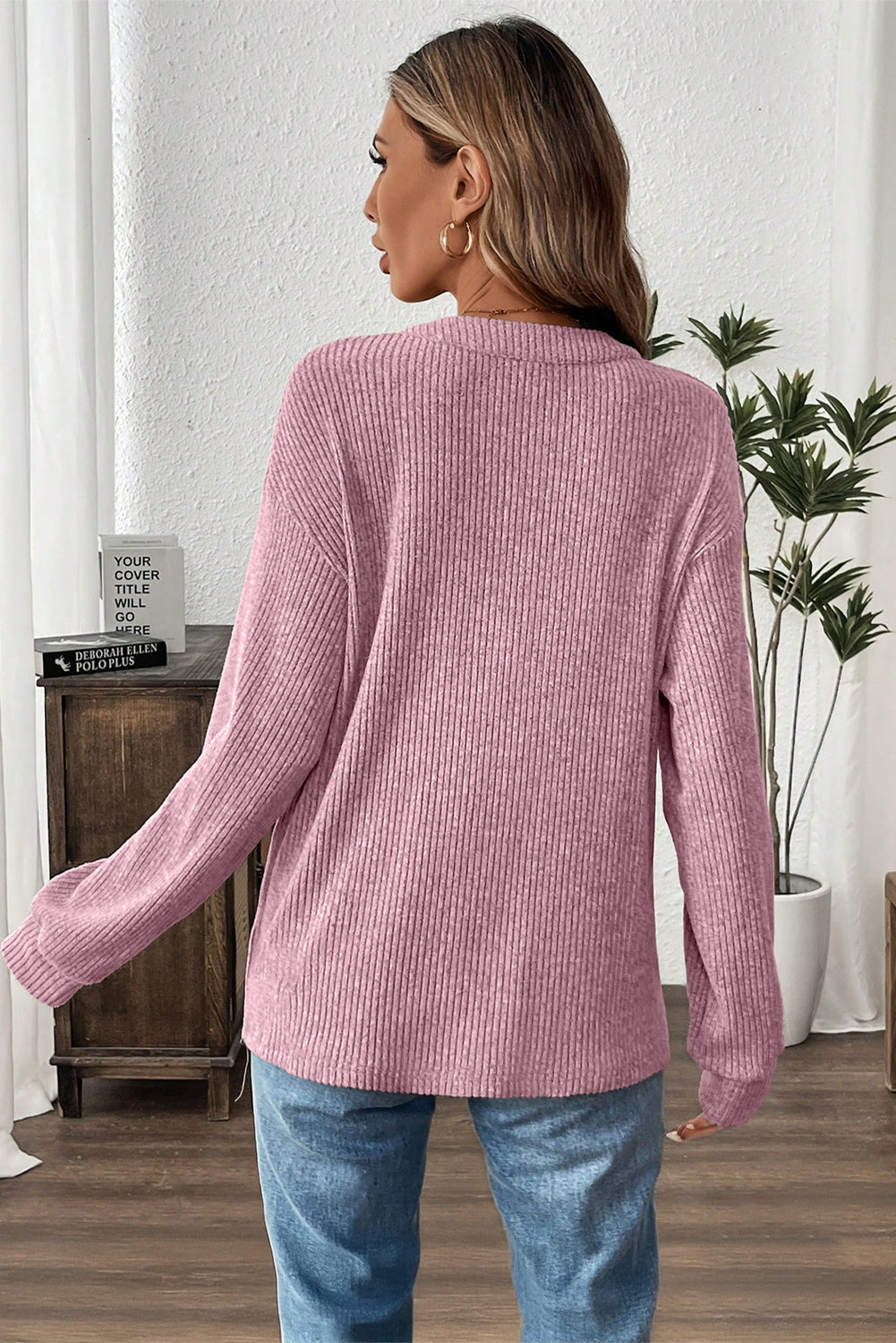 Ribbed  Henley Knit Front Pouch Pocket Top | S-XL