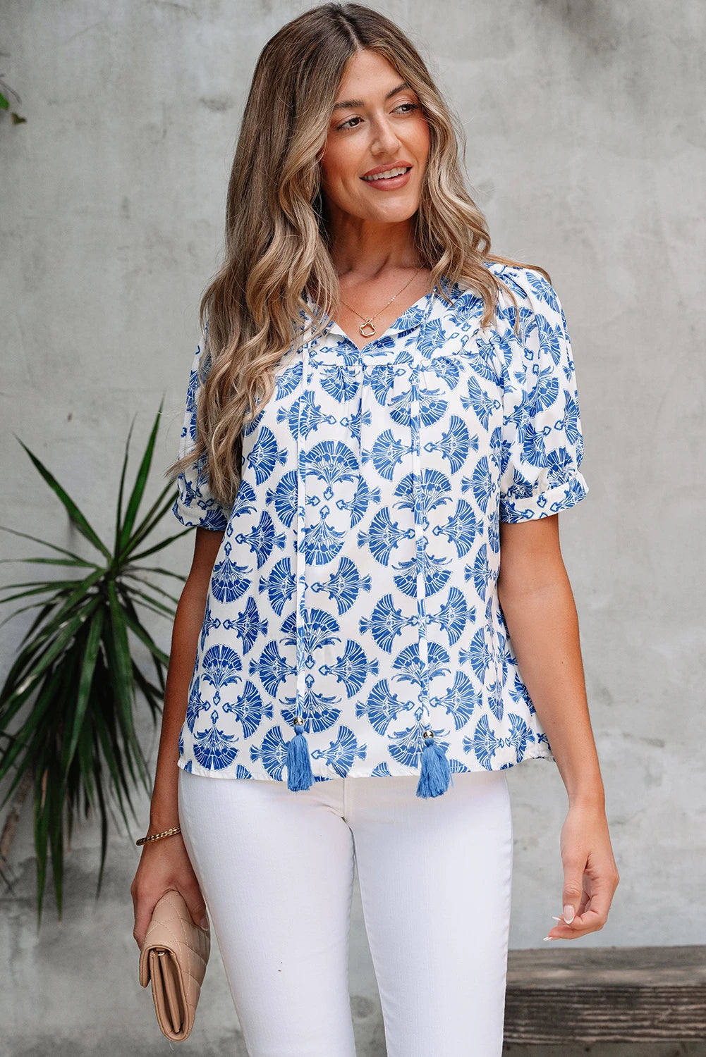 Geometric Print Tassel Drawstring  Blouse