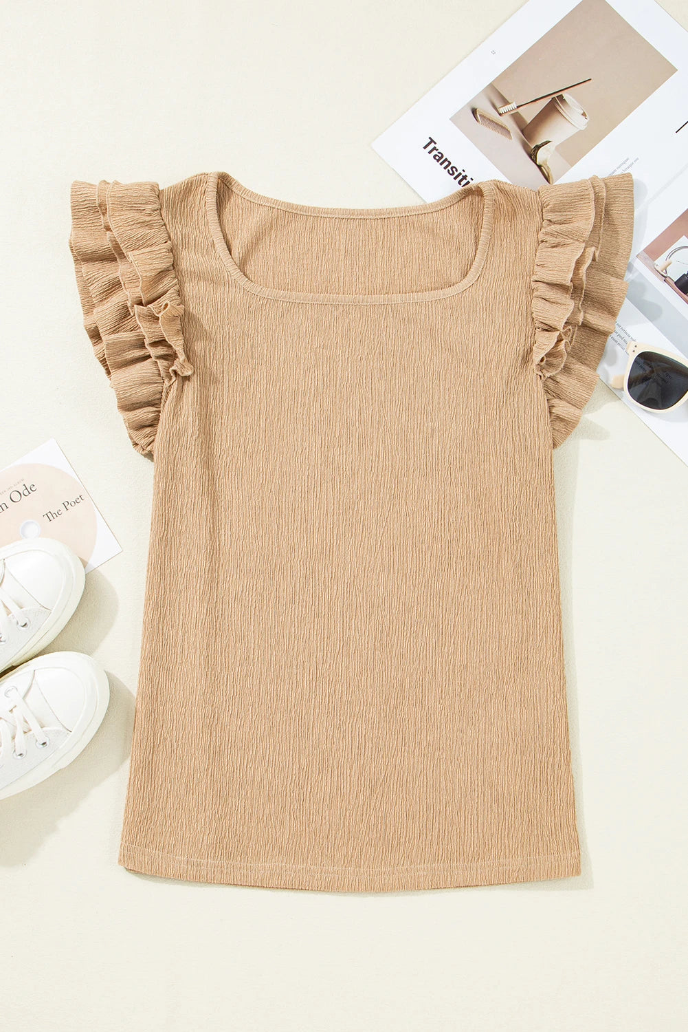Ruffled Tiered Sleeve Square Neck Textured Top