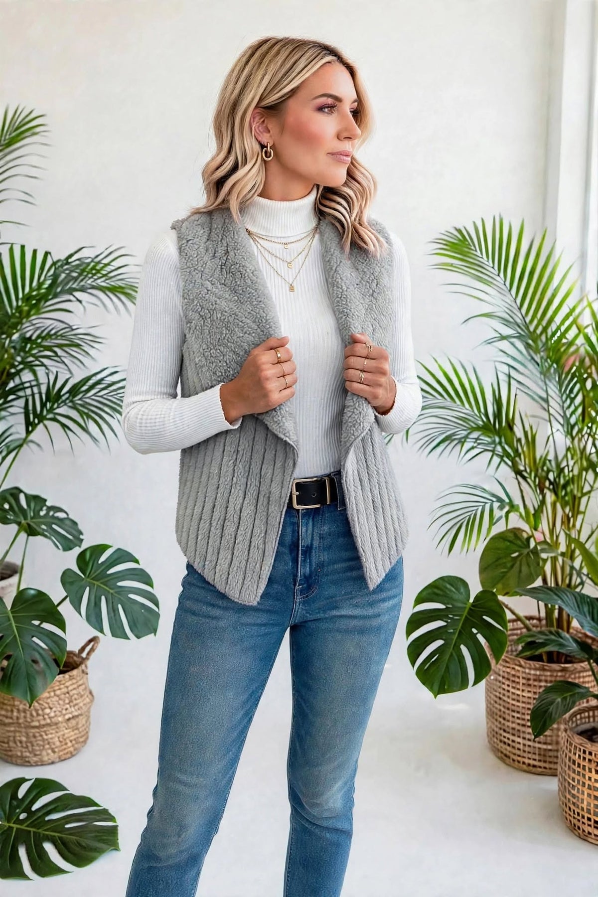Collared Open-Front Teddy Vest | S-XL