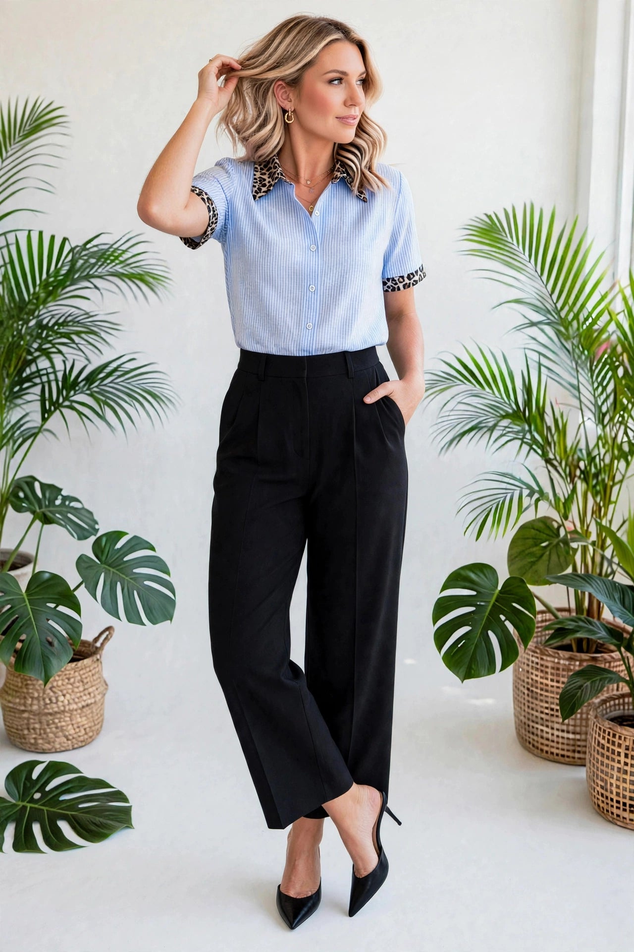 Stripe Contrast Leopard Collared Shirt | S-XL