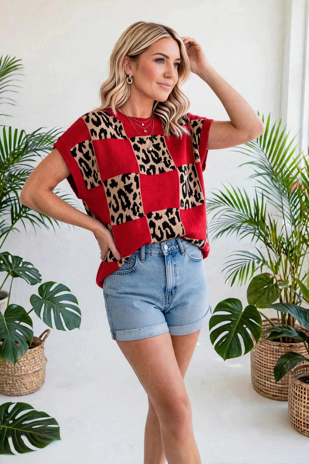 Checkerboard Short Sleeve Knit Sweater | S-XL
