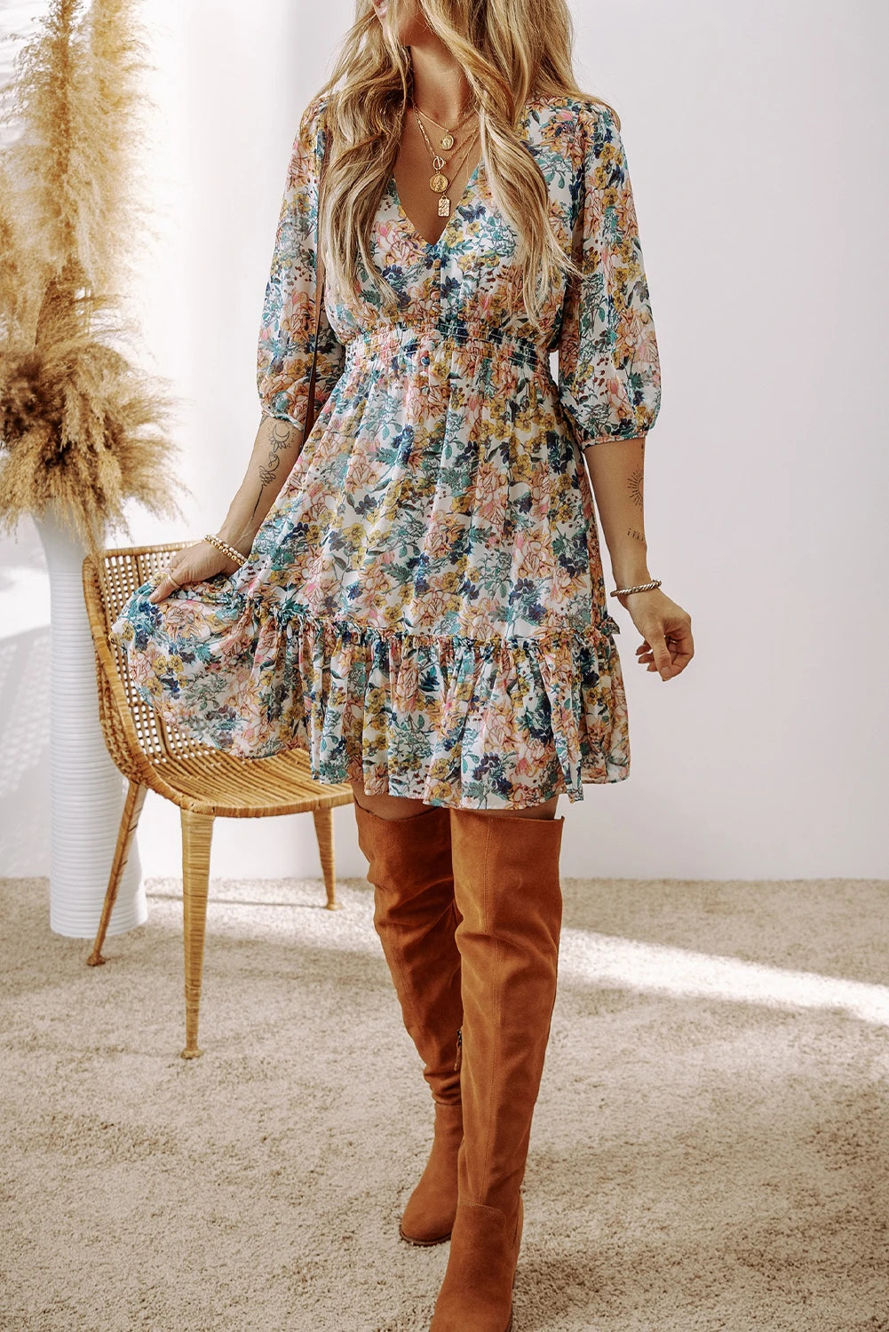 3/4 Sleeve Rosewood Romance Dress | S-XL