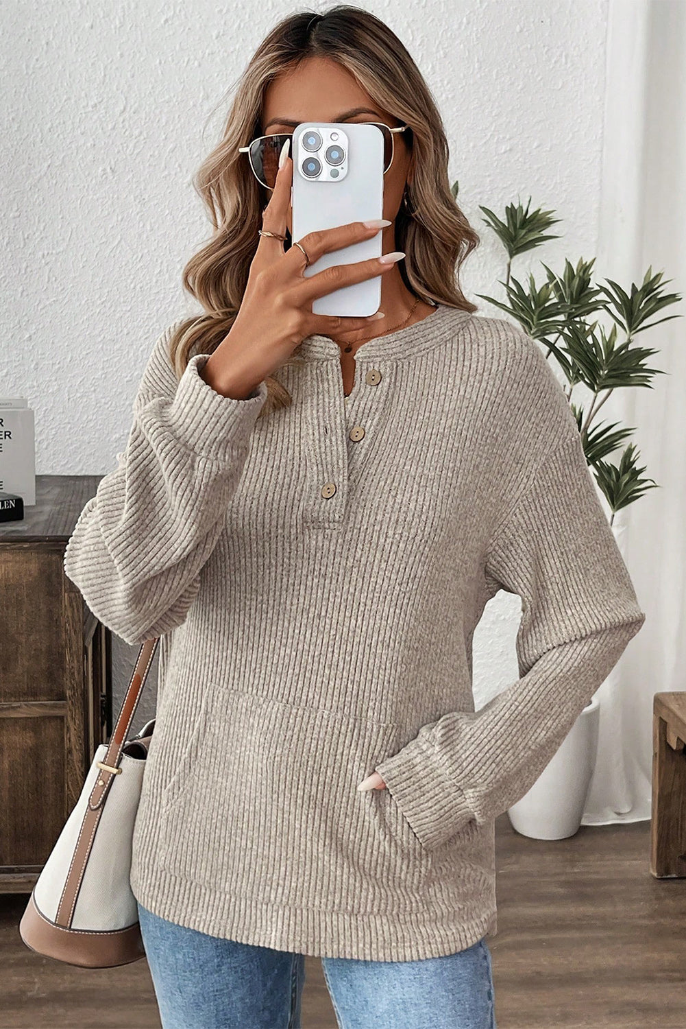Ribbed  Henley Knit Front Pouch Pocket Top | S-XL