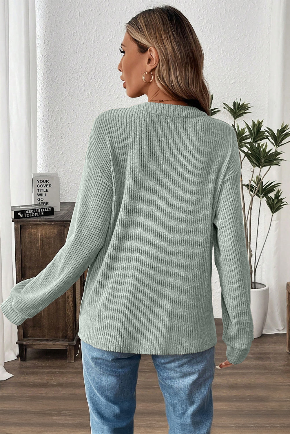Ribbed  Henley Knit Front Pouch Pocket Top | S-XL
