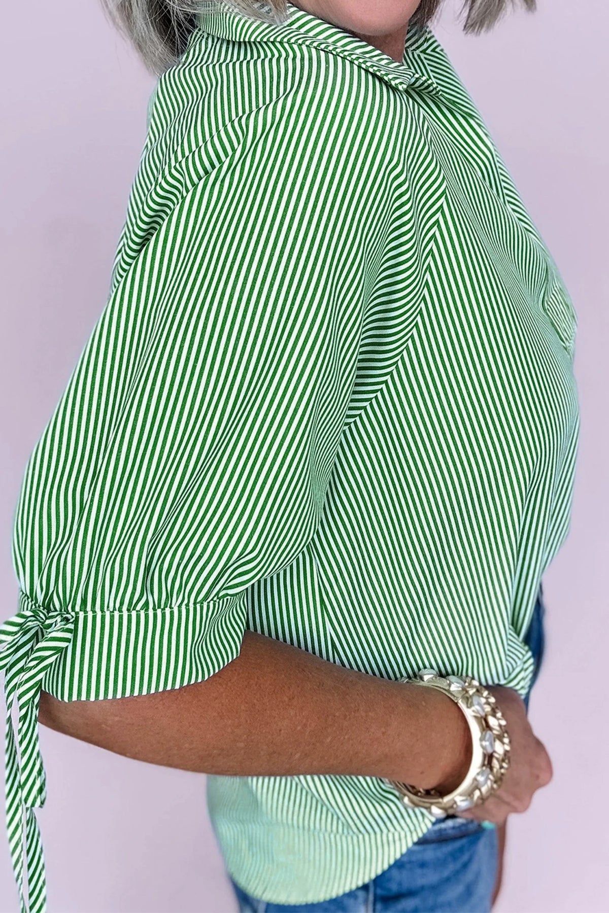 Striped Collared Split Neck Blouse | S-XL