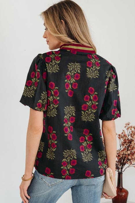Sweet Bloom Contrast Bubble Sleeve Top  | S-XL