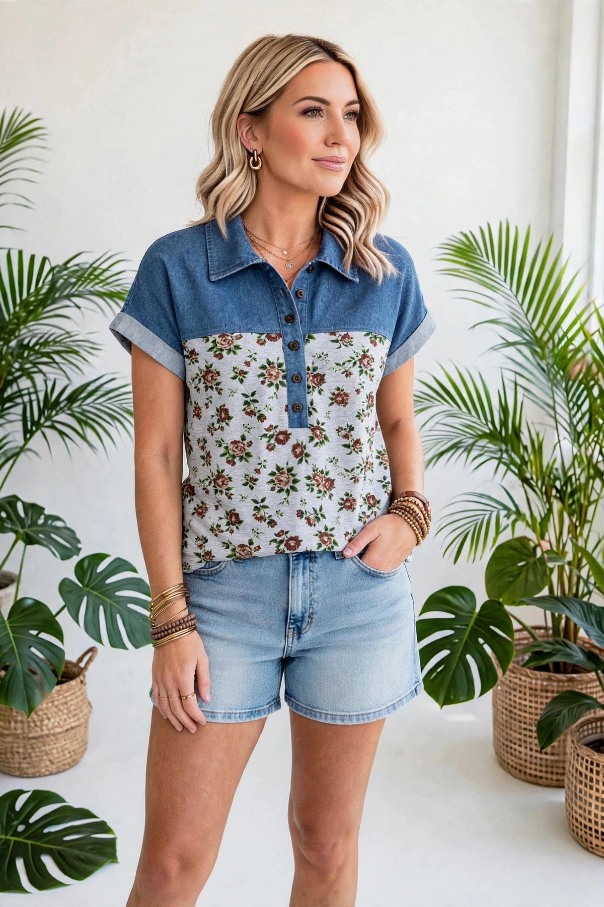Gorgeous Retro Garden Denim Patchwork Buttoned Collar | S-XL