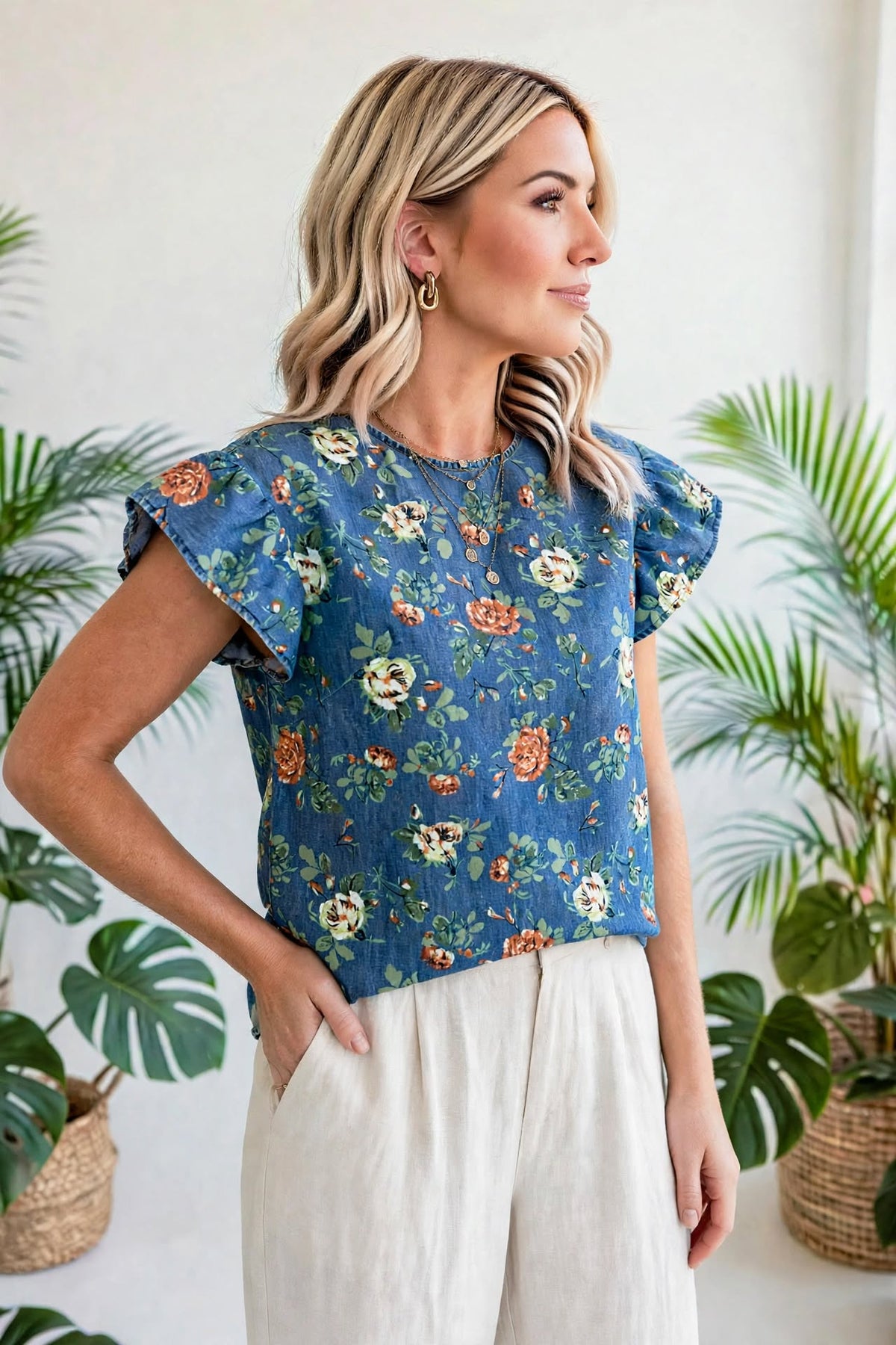 Casual Floral Denim Puff Sleeve Top | S-XL