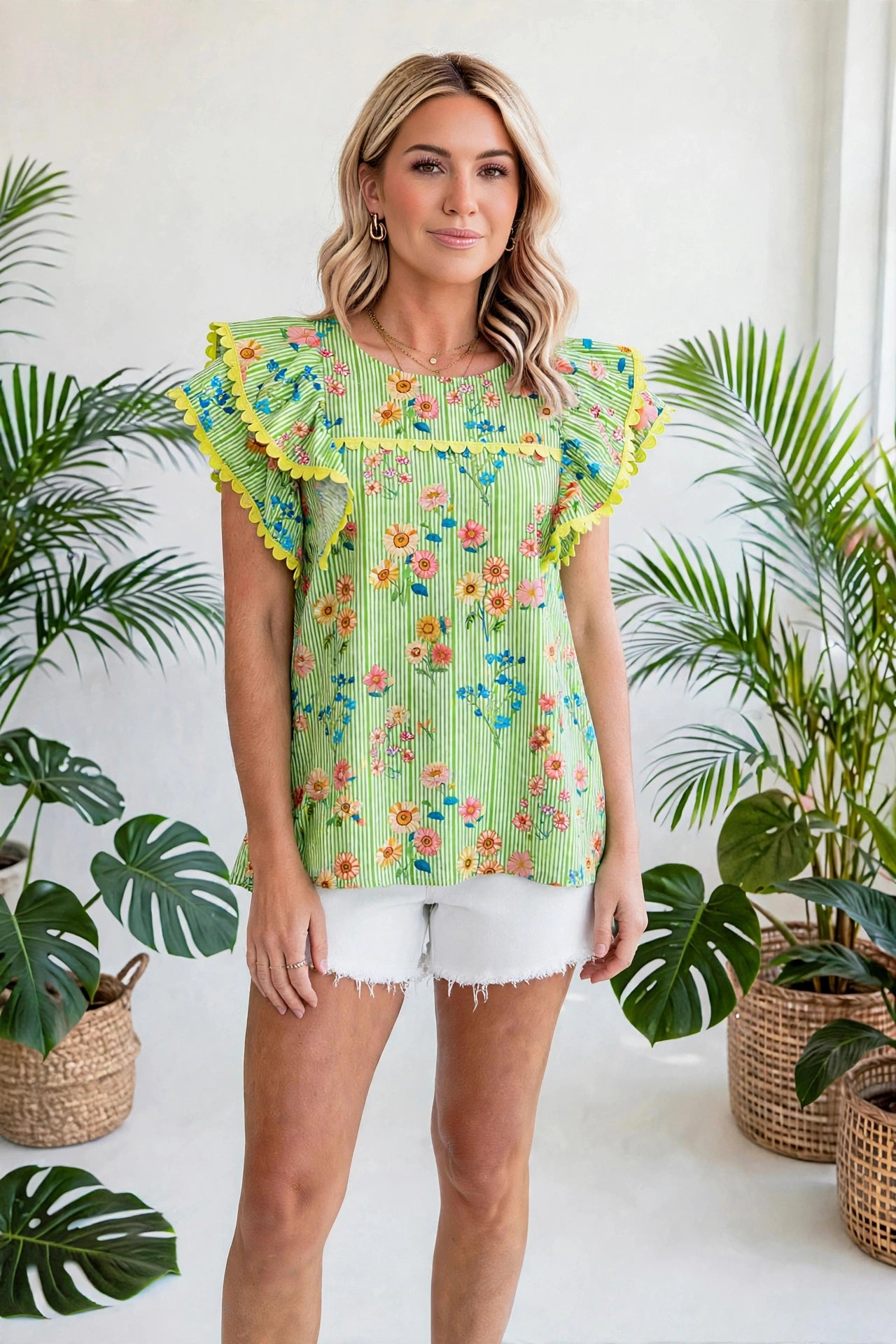 Stripe Floral Ruffle Sleeve Top | S-XL